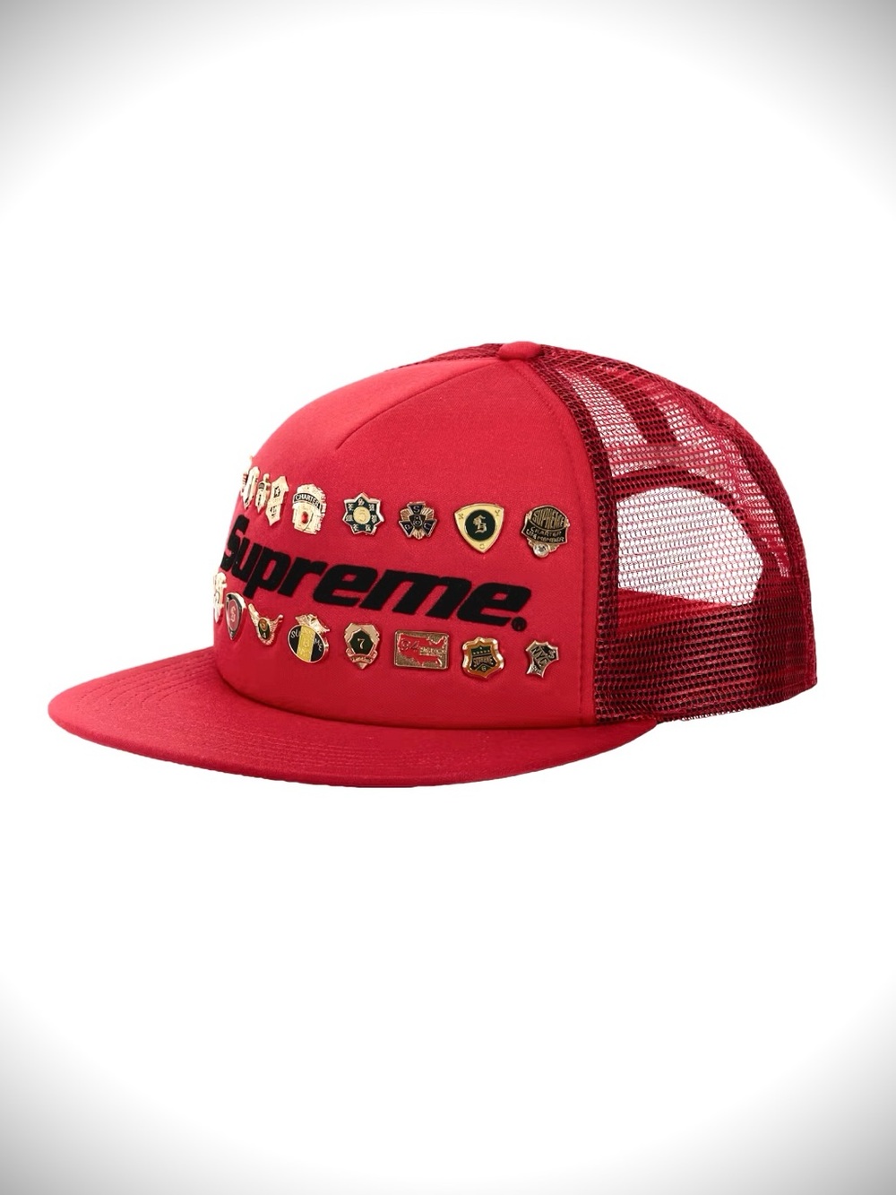 Supreme Red Mesh Trucker Hat with Gold Pins